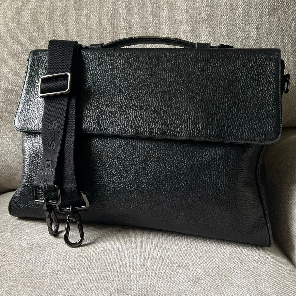 HUGO BOSS Black Leather Messenger Laptop Men's Bag - Picture 6 of 16
